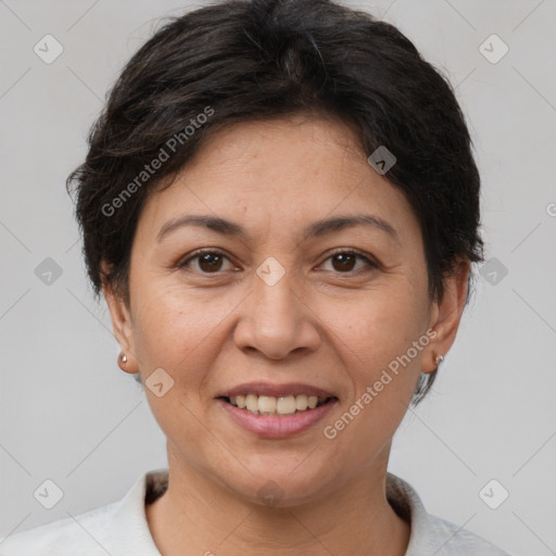 Joyful white adult female with short  brown hair and brown eyes