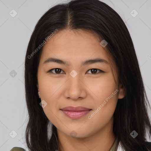 Joyful white young-adult female with long  brown hair and brown eyes