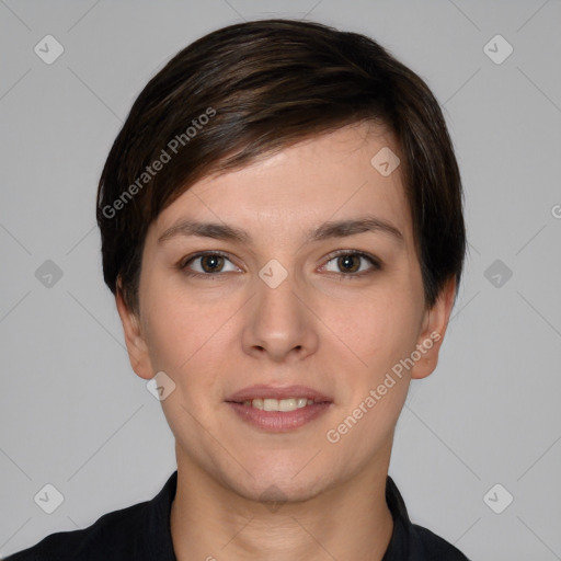 Joyful white young-adult female with short  brown hair and brown eyes