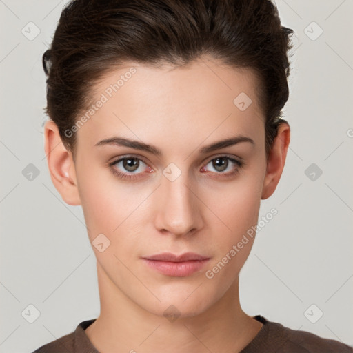 Neutral white young-adult female with short  brown hair and brown eyes