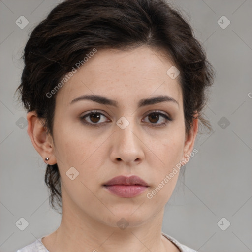 Neutral white young-adult female with medium  brown hair and brown eyes