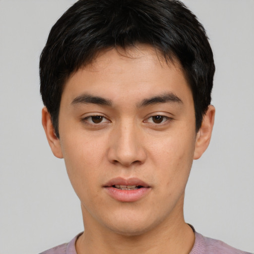 Neutral white young-adult male with short  black hair and brown eyes
