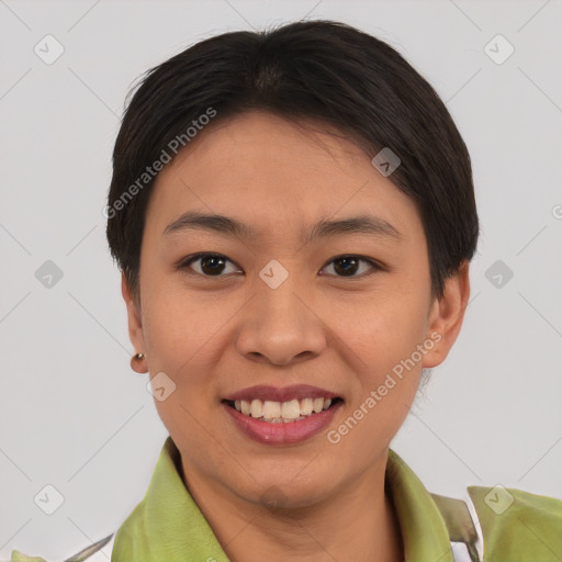 Joyful asian young-adult female with short  brown hair and brown eyes