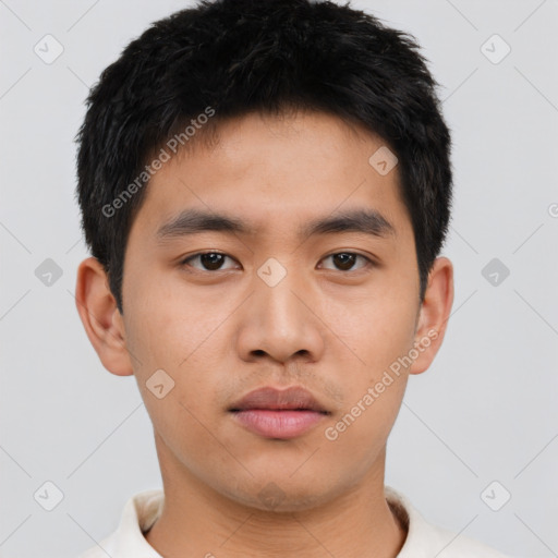 Neutral asian young-adult male with short  black hair and brown eyes