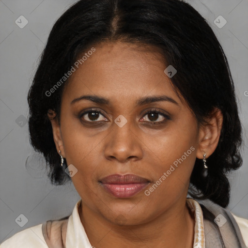 Joyful latino young-adult female with medium  brown hair and brown eyes