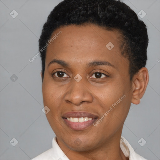 Joyful latino young-adult female with short  brown hair and brown eyes