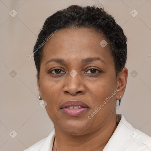 Joyful latino adult female with short  brown hair and brown eyes