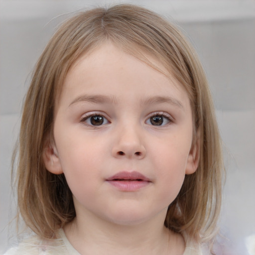 Neutral white child female with medium  brown hair and blue eyes