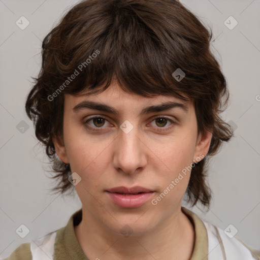 Neutral white young-adult female with medium  brown hair and brown eyes