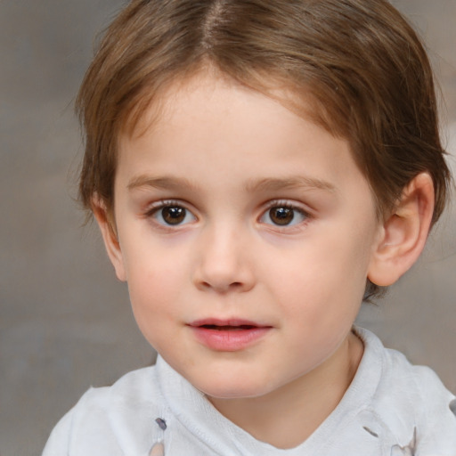 Joyful white child female with short  brown hair and brown eyes