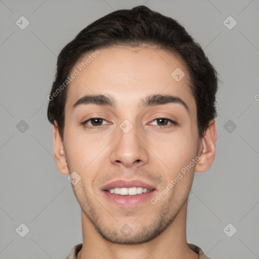 Joyful white young-adult male with short  brown hair and brown eyes