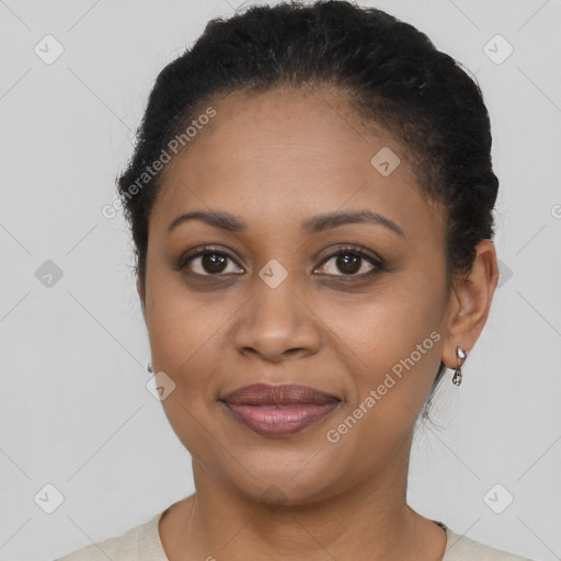 Joyful latino young-adult female with short  brown hair and brown eyes