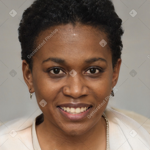 Joyful black young-adult female with short  brown hair and brown eyes