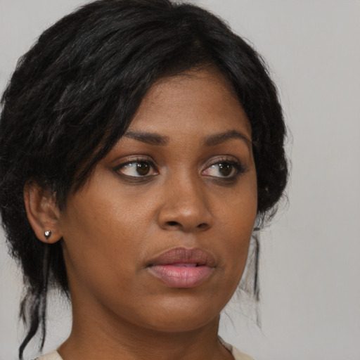 Neutral asian young-adult female with medium  black hair and brown eyes