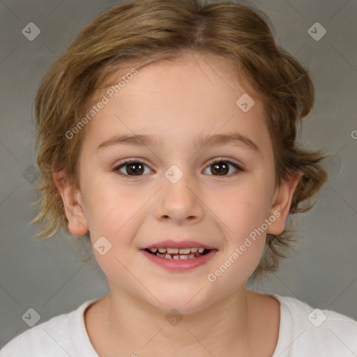 Joyful white child female with medium  brown hair and brown eyes