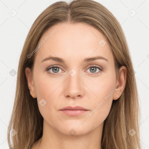 Neutral white young-adult female with long  brown hair and grey eyes