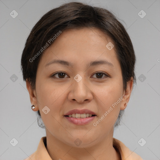 Joyful white young-adult female with medium  brown hair and brown eyes