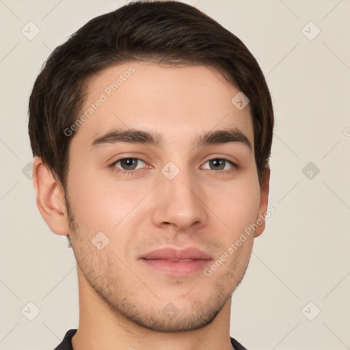 Neutral white young-adult male with short  brown hair and brown eyes