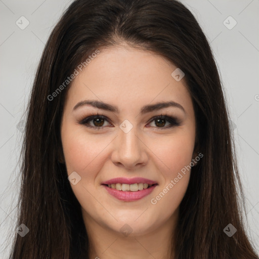 Joyful white young-adult female with long  brown hair and brown eyes