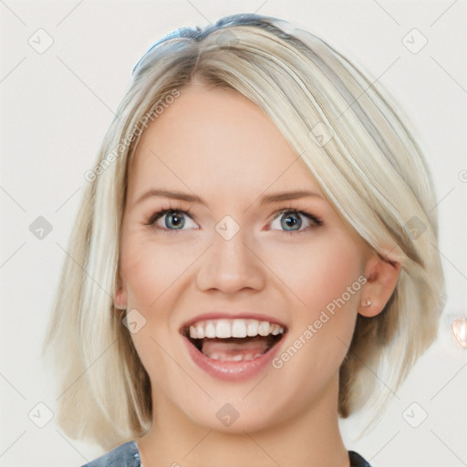 Joyful white young-adult female with medium  brown hair and blue eyes