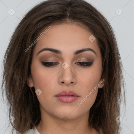 Neutral white young-adult female with long  brown hair and brown eyes