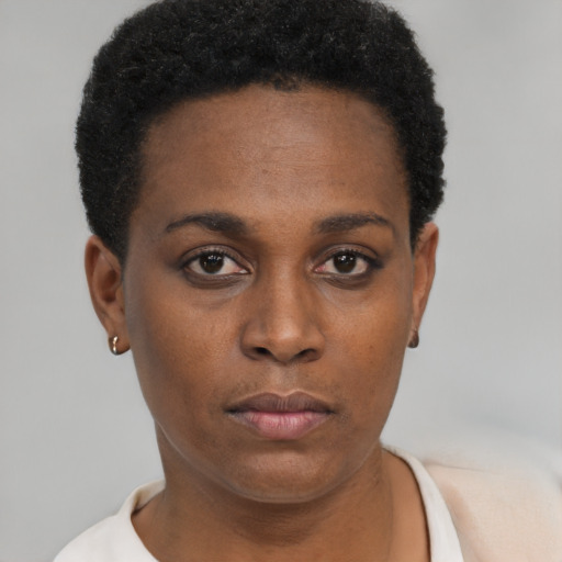Neutral black young-adult female with short  black hair and brown eyes