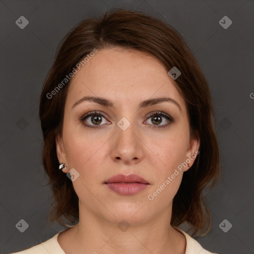 Neutral white young-adult female with medium  brown hair and brown eyes