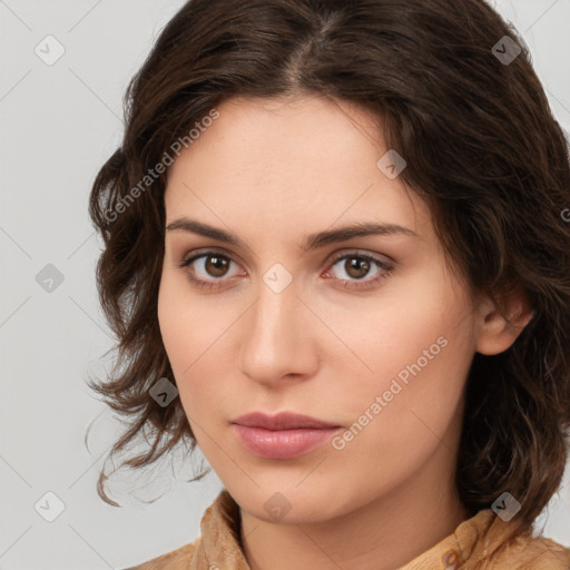 Neutral white young-adult female with medium  brown hair and brown eyes