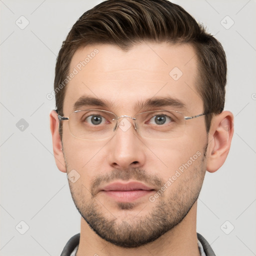 Neutral white young-adult male with short  brown hair and grey eyes