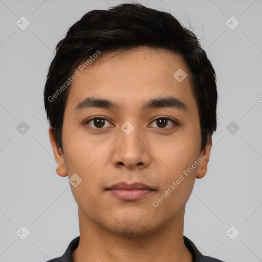 Neutral latino young-adult male with short  black hair and brown eyes