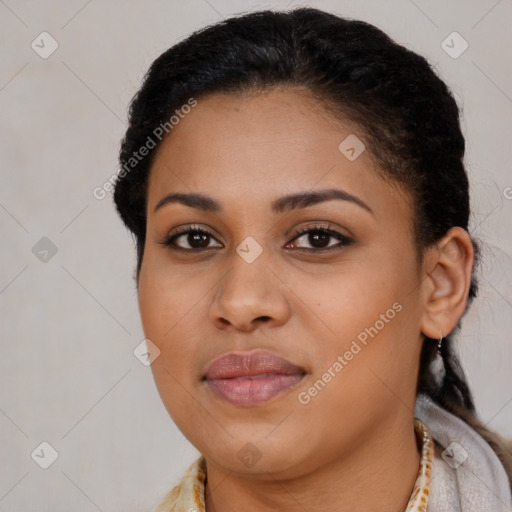 Joyful latino young-adult female with short  brown hair and brown eyes