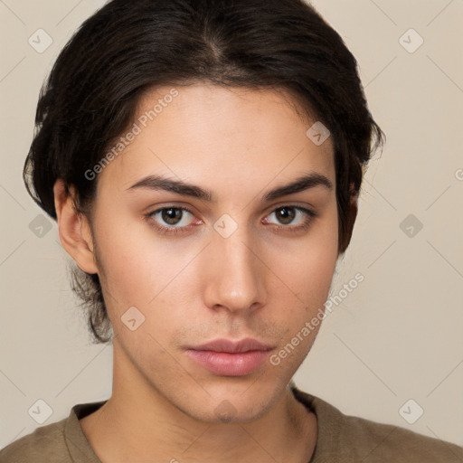 Neutral white young-adult female with short  brown hair and brown eyes