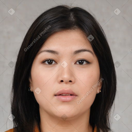 Neutral asian young-adult female with medium  black hair and brown eyes