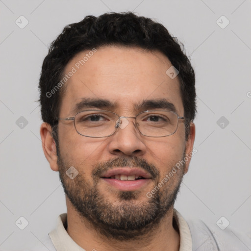 Neutral white adult male with short  black hair and brown eyes