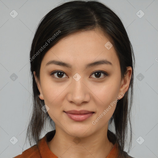 Joyful white young-adult female with medium  brown hair and brown eyes