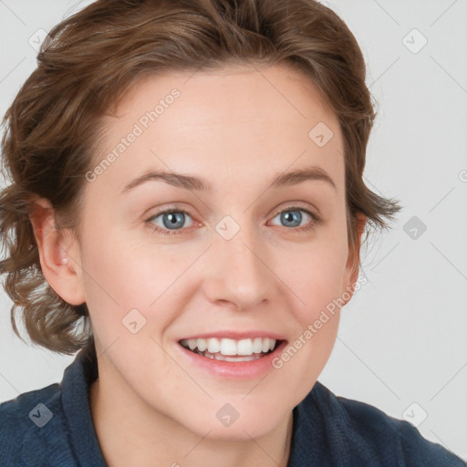 Joyful white young-adult female with medium  brown hair and blue eyes