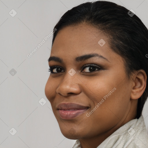 Joyful latino young-adult female with short  brown hair and brown eyes