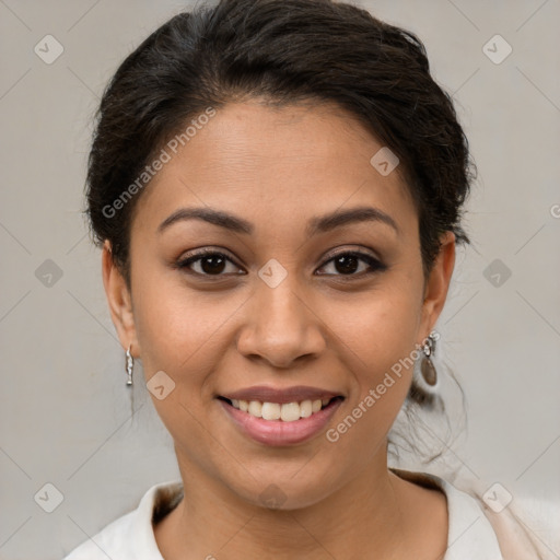 Joyful latino young-adult female with short  brown hair and brown eyes