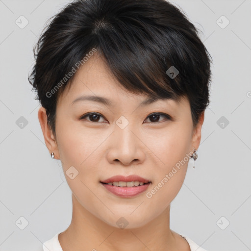 Joyful asian young-adult female with short  brown hair and brown eyes