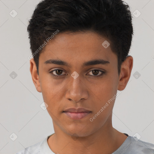 Neutral latino young-adult male with short  brown hair and brown eyes