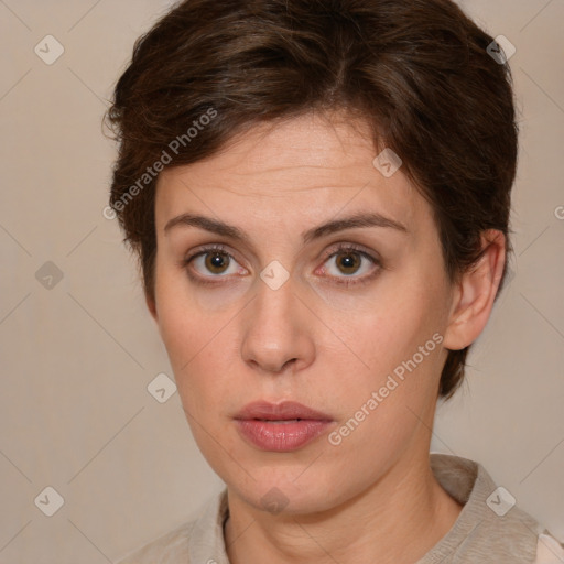 Neutral white young-adult female with medium  brown hair and green eyes