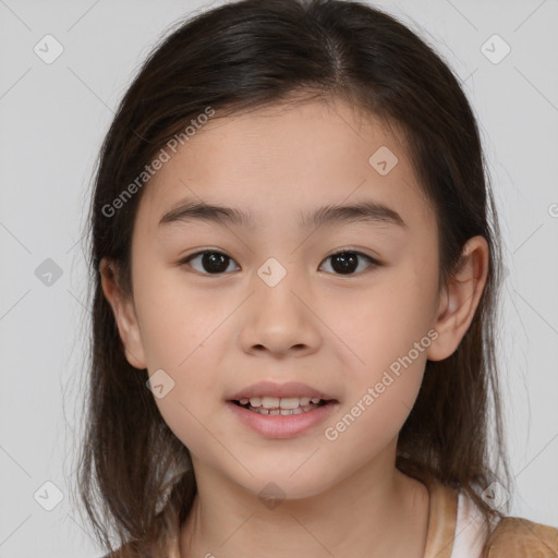 Joyful white child female with medium  brown hair and brown eyes