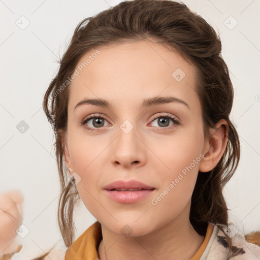 Neutral white young-adult female with medium  brown hair and brown eyes