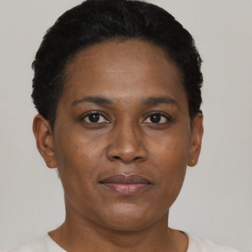 Neutral black young-adult female with short  brown hair and brown eyes