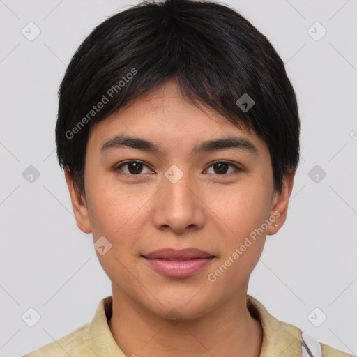 Joyful white young-adult female with short  brown hair and brown eyes