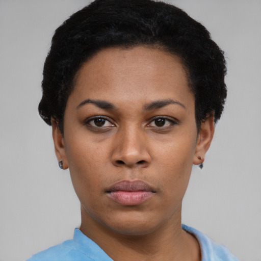 Neutral black young-adult female with short  black hair and brown eyes