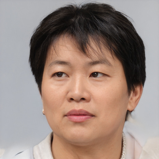 Joyful asian adult female with short  brown hair and brown eyes