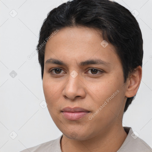 Joyful white young-adult female with short  brown hair and brown eyes