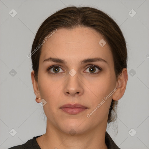 Neutral white young-adult female with long  brown hair and brown eyes