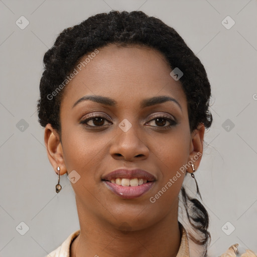 Joyful latino young-adult female with short  brown hair and brown eyes